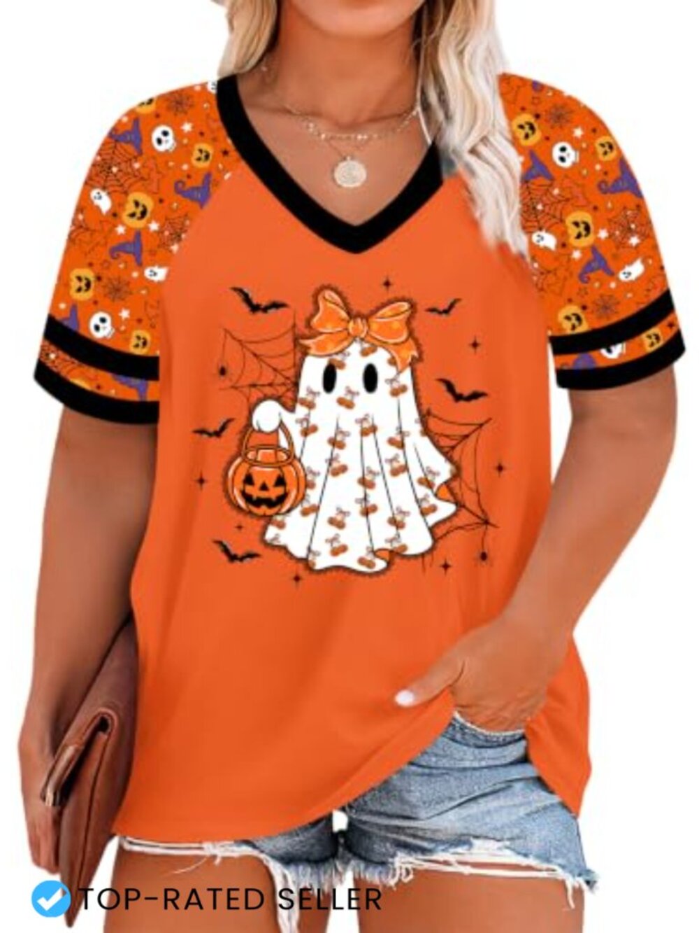 Plus Size Halloween Graphic V-Neck T-Shirt, Funny Ghost Pumpkin Tee, Spooky